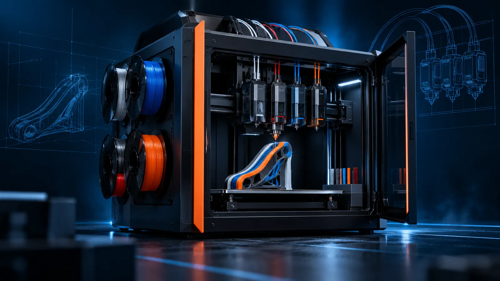 Multi-Material-3D-Drucker mit mehreren geparkten Werkzeugen und unterschiedlichen Filamenten im LayerKompass-Stil