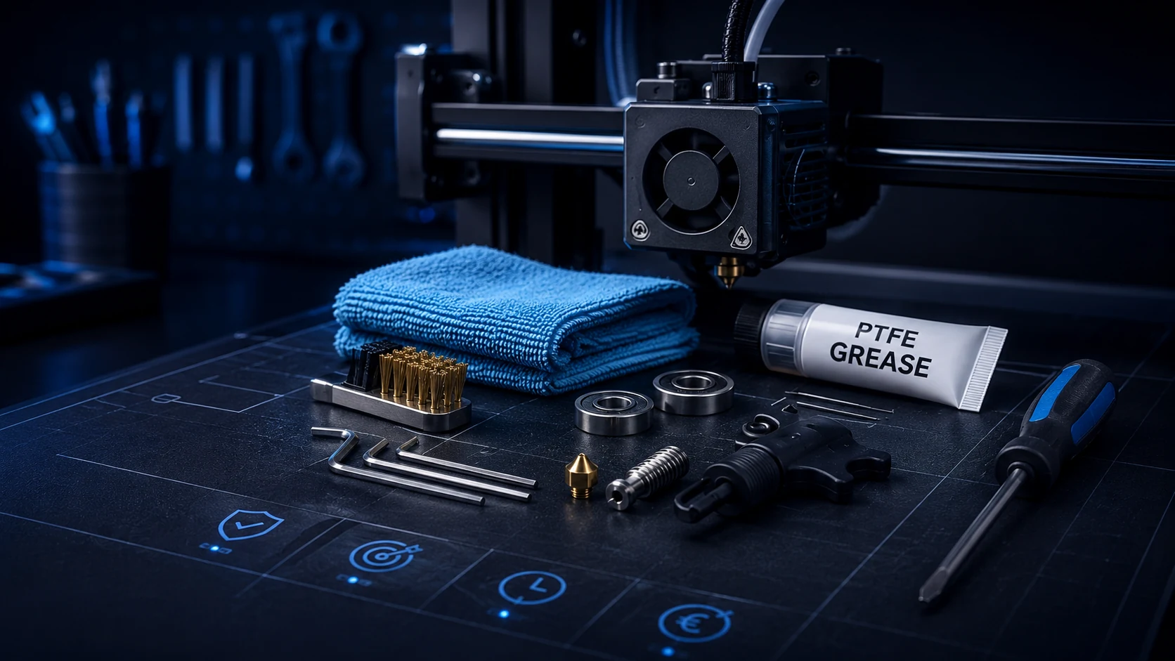Wartungsplatz für einen modernen 3D-Drucker mit Hotend, Werkzeug, Reinigungstuch, Lagern und Schmiermittel