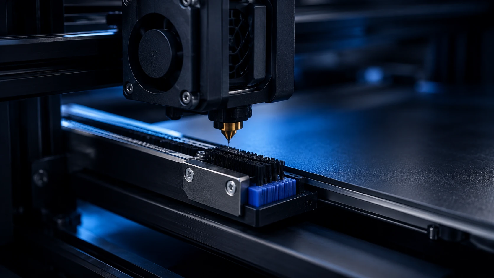 Makroaufnahme einer 3D-Drucker-Düse am Nozzle-Wiper für Düsenreinigung und automatische Z-Referenz