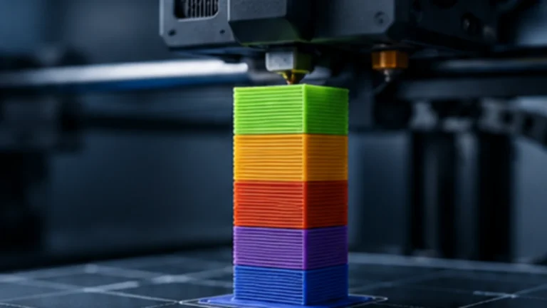 Mehrfarbiger Prime Tower unter dem Druckkopf eines 3D-Druckers