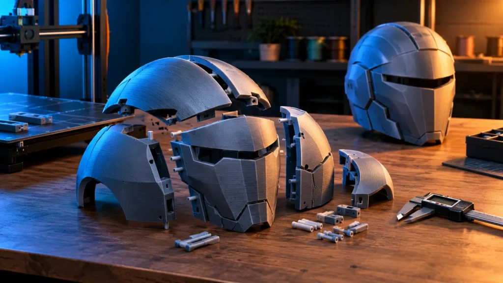 Geteilter 3D-gedruckter Helm mit Segmenten, Passstiften und Messschieber auf einer Werkbank
